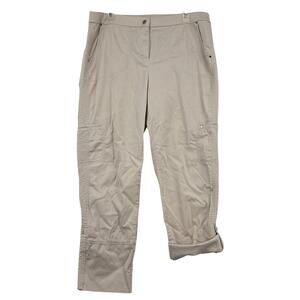 Chicos Crop Cargo Pant Size L Beige Stretch Roll Tab Leg Capri